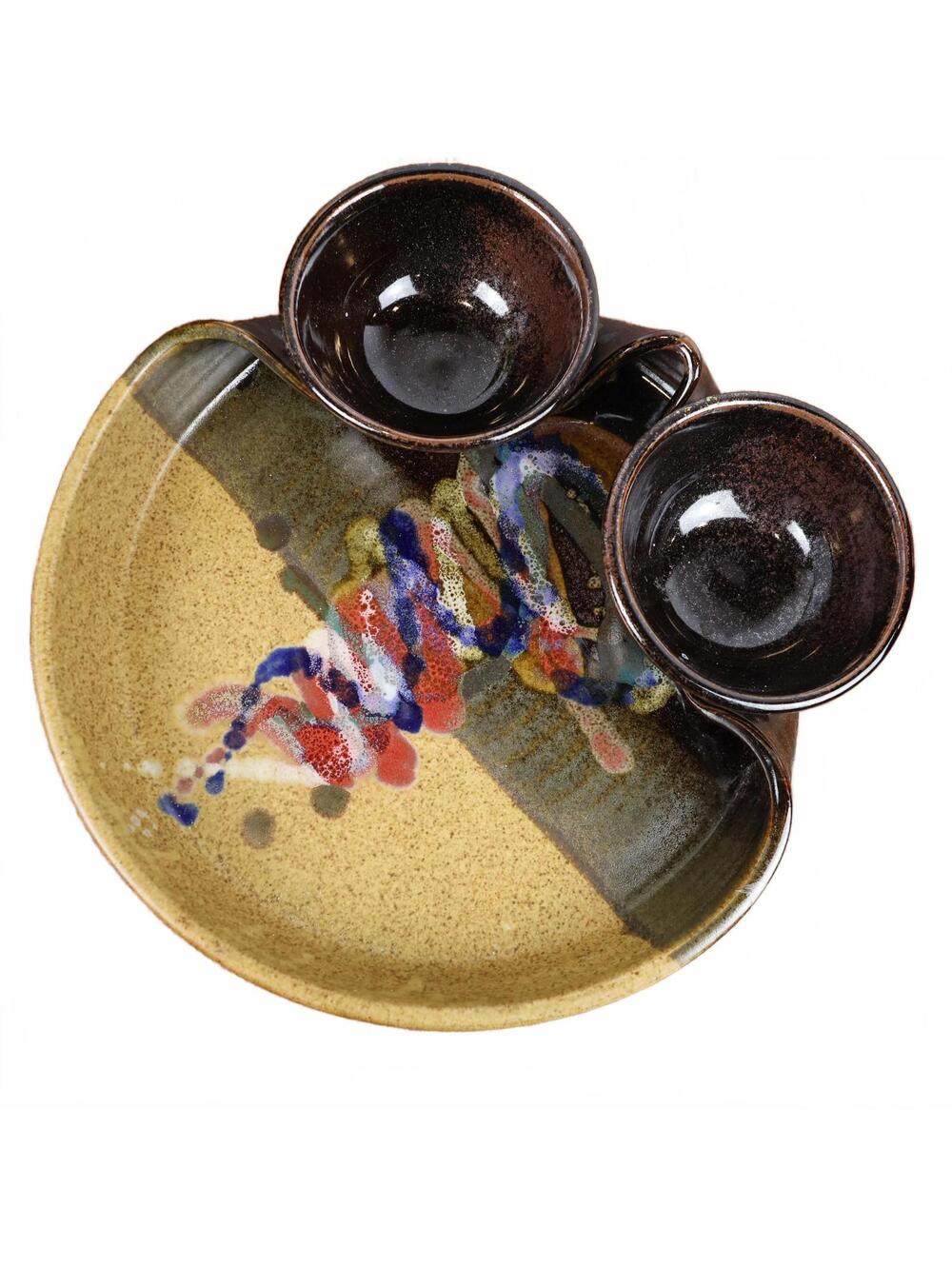 Larrabee Ceramics 12" Double Bowl Chip & Dip Platter Handmade Artisan Pottery